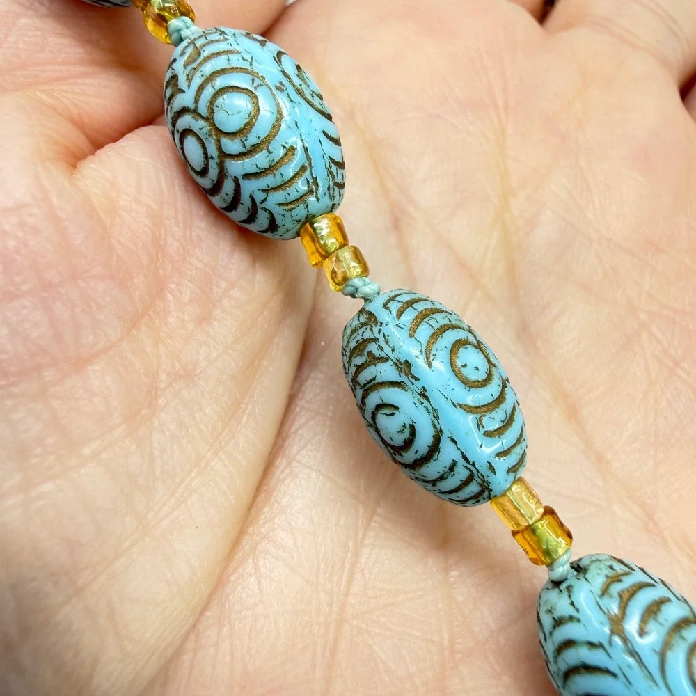 Vintage Egyptian‎ Revival Faience Ceramic Bead Gold Scarab Necklace